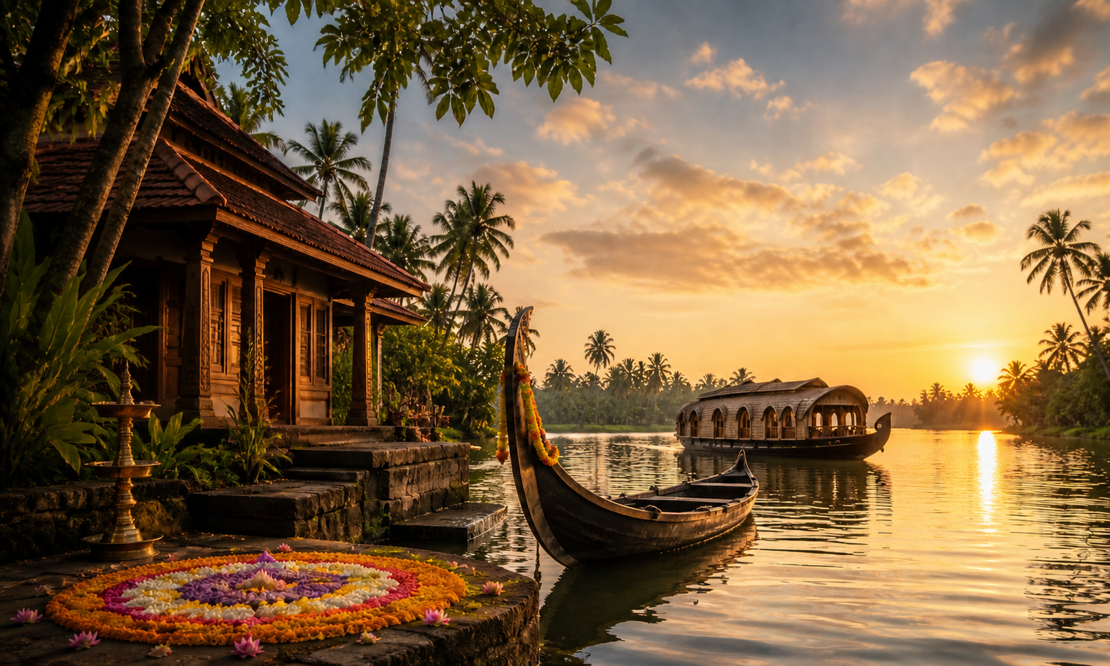 Kerala backwaters at golden hour, with a houseboat and riverside home among coconut palms